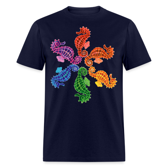 Whimsical Rainbow Seahorse Painting Unisex T-Shirt - navy