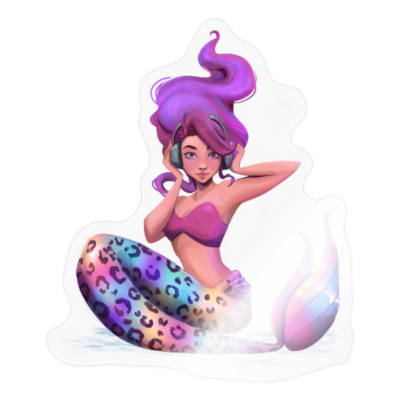 Pretty Rainbow Leopard Mermaid with Music headphones Sticker - transparent glossy